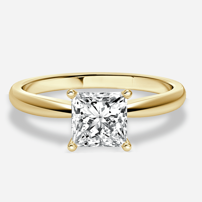 Classic princess cut lab grown diamond solitaire ring in plain yellow gold band