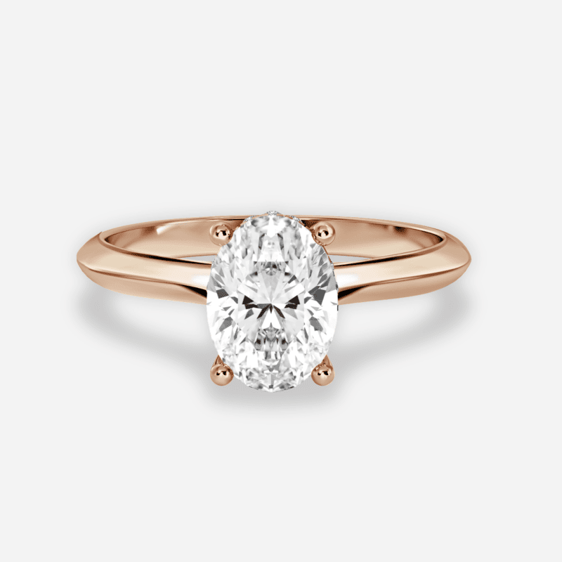 Front View - Classic oval lab grown diamond solitaire ring in plain rose gold band.