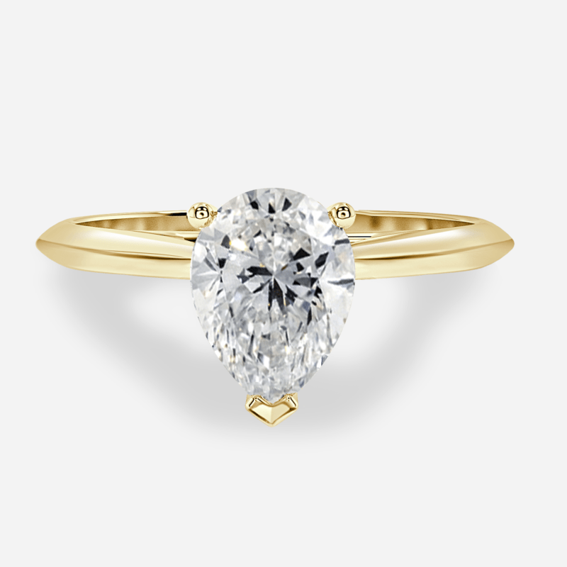 Front View - Classic pear lab grown diamond solitaire ring in plain yellow gold band.