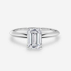 Front View - Classic Emerald cut lab grown diamond solitaire ring in plain white gold band.