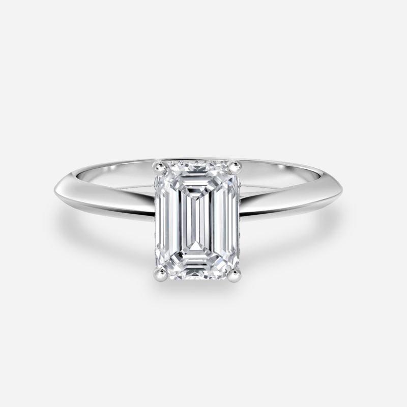 Front View - Classic Emerald cut lab grown diamond solitaire ring in plain white gold band.