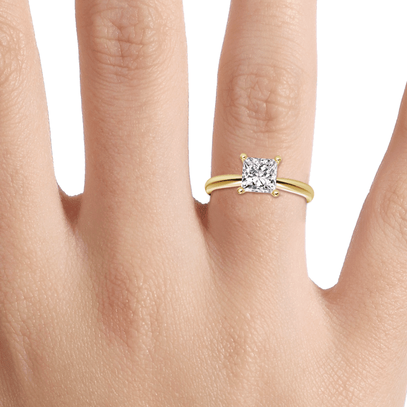 On Hand - Classic round lab grown diamond solitaire ring in plain yellow gold band