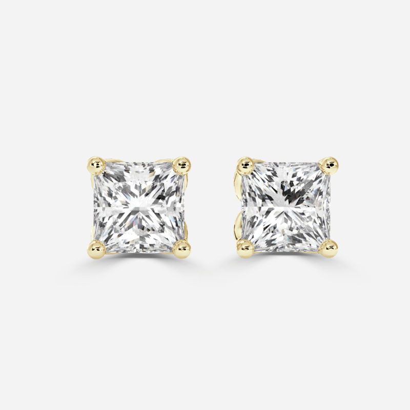 Front view - Classic princess cut lab grown diamond solitaire earrings in yellow gold