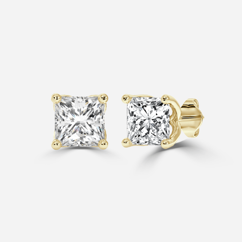 Classic princess cut lab grown diamond solitaire earrings in yellow gold