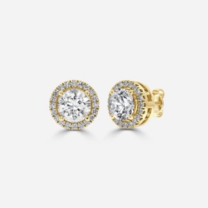 View - Brilliant Round Diamond Earrings with Diamond Halo in yellow gold