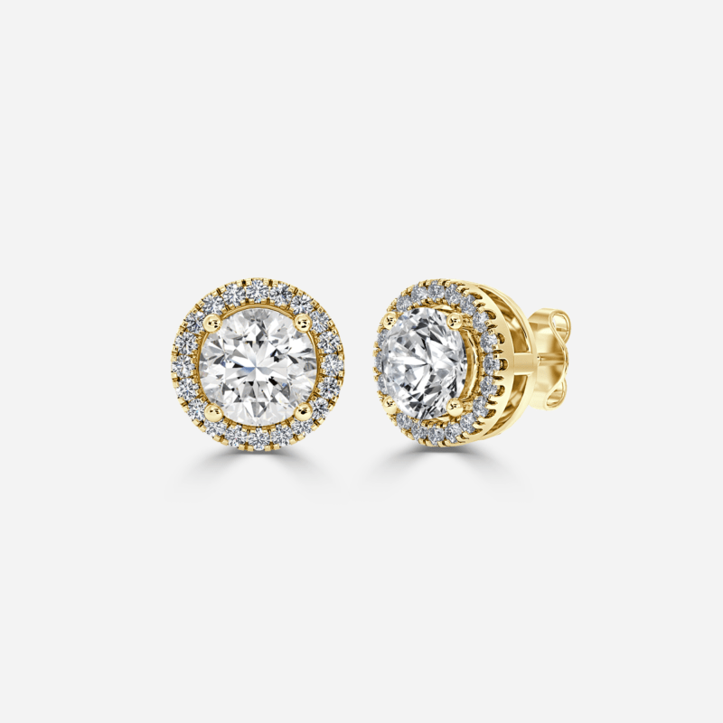 View - Brilliant Round Diamond Earrings with Diamond Halo in yellow gold